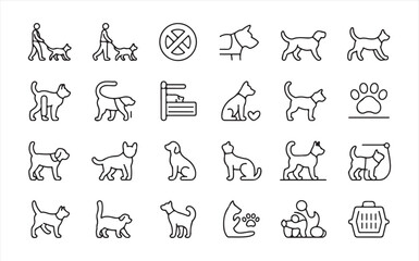 Naklejka premium Collection of black outline icons depicting dogs and cats in various poses and activities animal