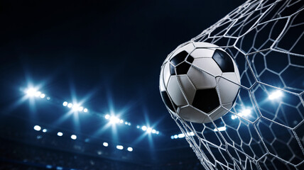 Soccer Ball in Net at Night Game | Sports Achievement and Championship Celebration