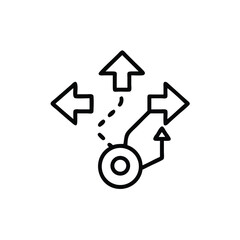 Outline icon showing diverging paths from a central point arrow direction