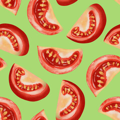 Tomato slices. Seamless watercolor pattern with fresh red tomatoes on a white background. Watercolor tomatoes. This hand-drawn botanical pattern is perfect for fabric, packaging and kitchen decor.