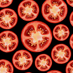 Tomato slices. Seamless watercolor pattern with fresh red tomatoes on a white background. Watercolor tomatoes. This hand-drawn botanical pattern is perfect for fabric, packaging and kitchen decor.