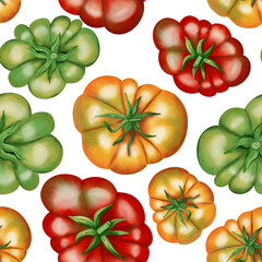 Red, yellow and green tomatoes. Seamless watercolor pattern with fresh tomatoes on a white background. Watercolor tomatoes. Botanical pattern for fabric, packaging and kitchen decor.