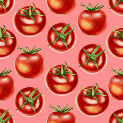 Seamless watercolor pattern with fresh red tomatoes on a white background. Watercolor tomatoes. This hand-drawn botanical pattern is perfect for fabric, packaging and kitchen decor.