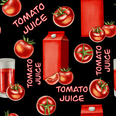 Watercolor tomatoes. Watercolor seamless pattern with tomatoes, a glass of tomato juice and a red cardboard package. Repeating design for packaging, fabrics and food products.