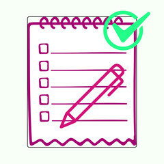 Checklist Notepad with Purple Pen and Approval Check Mark Icon