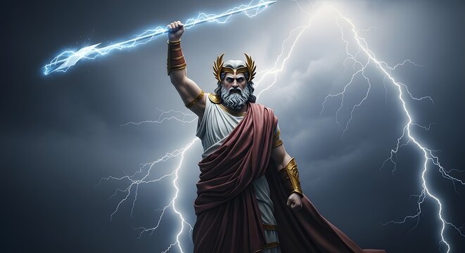 Majestic Greek God Holding Lightning Bolt Against a Dark Stormy Sky, Symbolizing Power and Might