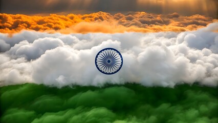 Stunning Indian flag made of clouds with blue chakra symbol aerial view
