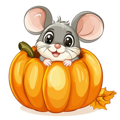 Playful cartoon mouse curled up in a pumpkin with leaves around it,  on transparent png background. Ai generated