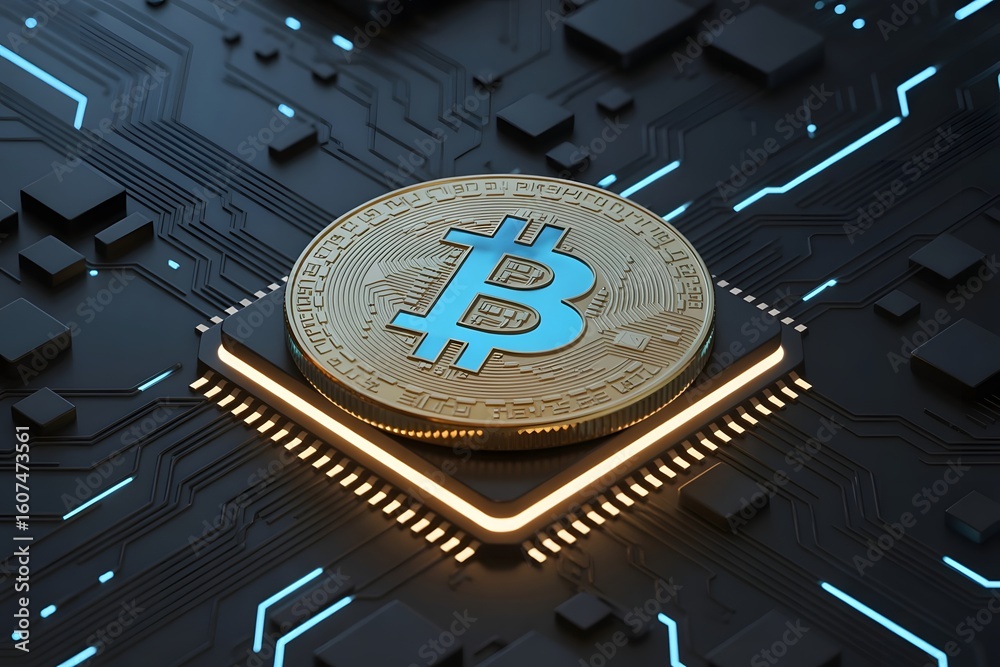 Poster bitcoin cryptocurrency on a computer chip representing digital currency blockchain technology decent