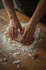 Fototapeta premium Hands knead dough on a wooden surface, preparing fresh bread according to tradition, capturing the artisanal baking process in a warm, rustic kitchen atmosphere full of homemade deliciousness