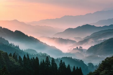 Misty Mountain Range at Sunrise.