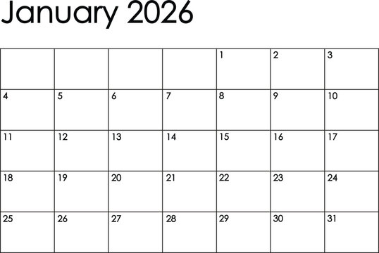 January 2026 month calendar - Sunday to Saturday format. Simple black and white design