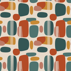 Mid-century modern seamless pattern featuring organic rounded rectangles and ovals in a retro palette. Perfect for vintage designs, textiles, and contemporary abstract backgrounds