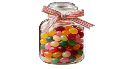 Candy jar filled with colorful jelly beans and a bow, nostalgic birthday treat, transparent background