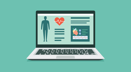 Laptop screen displaying electronic health record system with human body figure, heart rate symbol, and medical data chart for digital healthcare usage, vector flat illustration