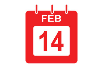 Calendar 14th of February flat icon. February 14 calendar icon. Vector illustration in flat style. Valentines day on 14th February. Valentines day calendar on 14th February eps 10