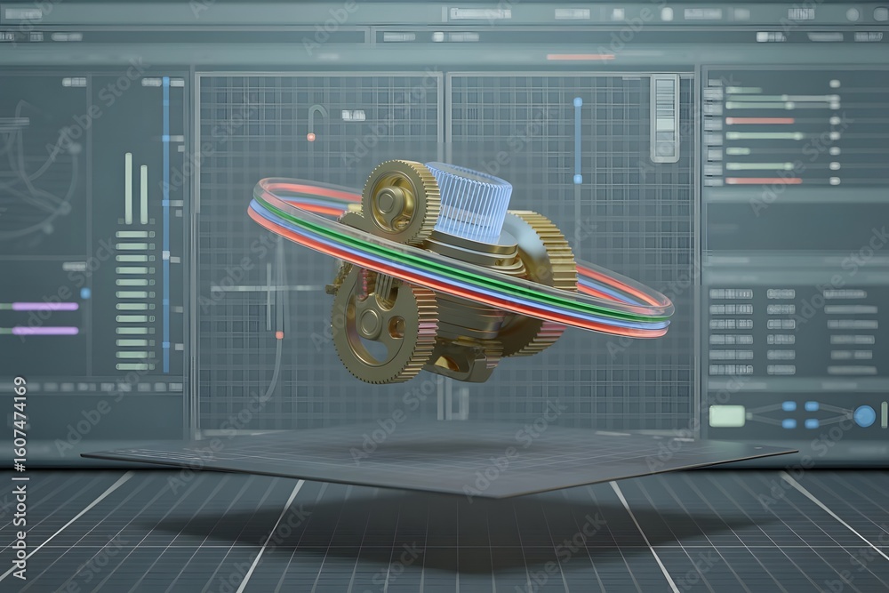 Fototapete abstract 3d rendering of a golden mechanical device with gears and colorful rings displayed on a com