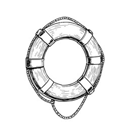 Nautical Life Ring: A detailed hand-drawn illustration of a classic life preserver with rope, showcasing its textured surface and nautical design.
