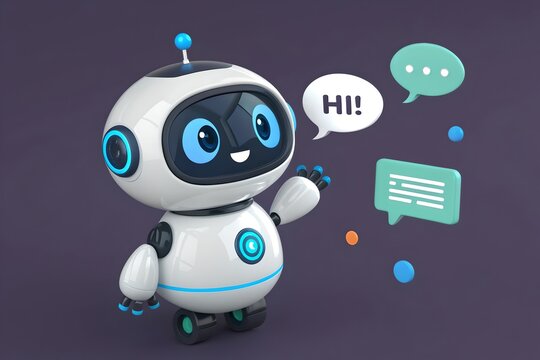A cheerful white robot with blue accents waving next to speech bubbles on a purple background scene - Powered by Adobe