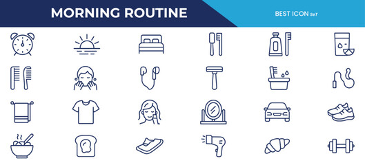 Morning Routine Line Icons – Minimalist Symbols for Daily Habits, Personal Care, Fitness