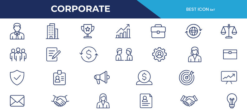 Corporate Line Icons &ndash; Business Teamwork, Office Management, Leadership, Finance, HR, and Strategy Symbols