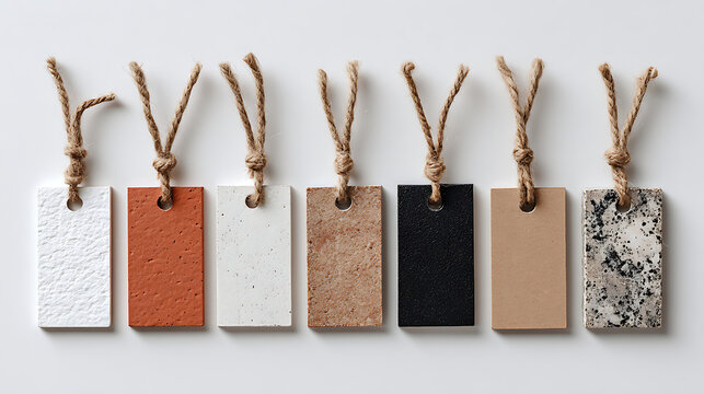 Assorted textured material samples with twine hanging flat lay