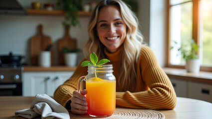 Smiling Woman Enjoying a Refreshing Sunrise Cocktail in Her Cozy Kitchen