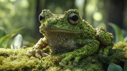 Fototapeta premium Forest Frog Portrait, Green Amphibian on Mossy Bank, Lush Background, Nature Study
