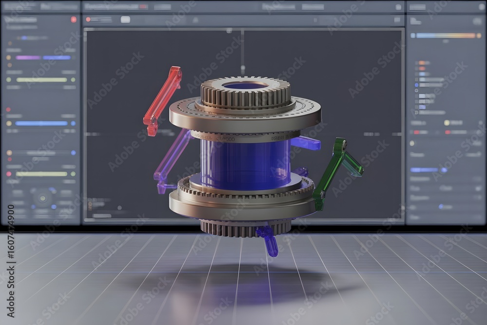 Aufkleber Conceptual Design of a Complex Mechanical Component Displayed on a Computer Screen Featuring Gears Transparent Elements and a Grid Background for Engineering and Technical