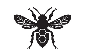 Stylized black silhouette of a bee with honeycomb pattern on white background