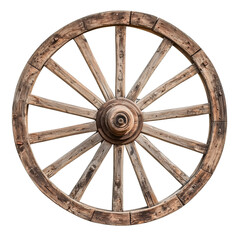 Vintage wooden wagon wheel lying flat on a clean white background, rustic textures visible on transparent png background. Ai generated