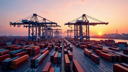 Dynamic shipping yard cranes moving containers at sunset, global trade in action - Powered by Adobe