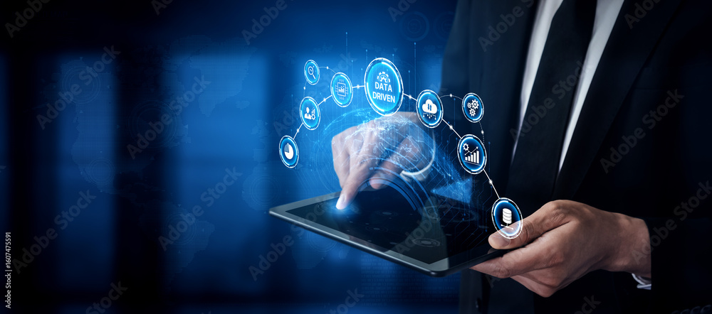 Poster data-driven decision-making empowers business through analytics, datum collection, and ai systems. d