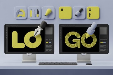 Digital Graphic Design Workspace with Dual Monitors Displaying Logo Creation Process and Design Tools Representing Creativity Innovation and Modern Design Workflow in a 3D