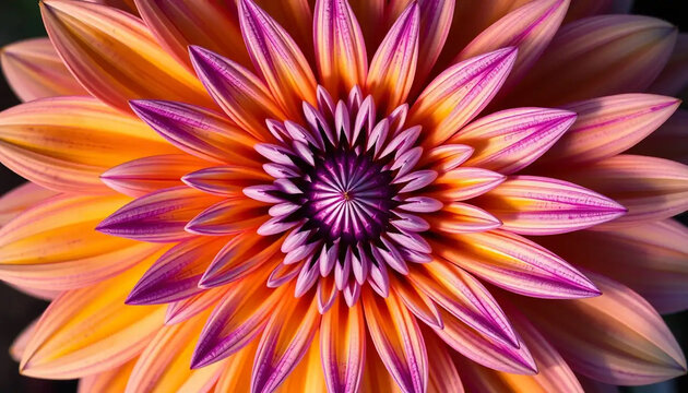 Vibrant close up macro shot of a dahlia flower with striking orange and purple petals against a dark background - Powered by Adobe