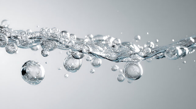 Clear liquid surface with rising air spheres and splashing droplets water bubbles