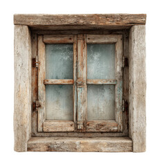 Rustic wooden window frame against weathered architectural detail view isolated on transparent background