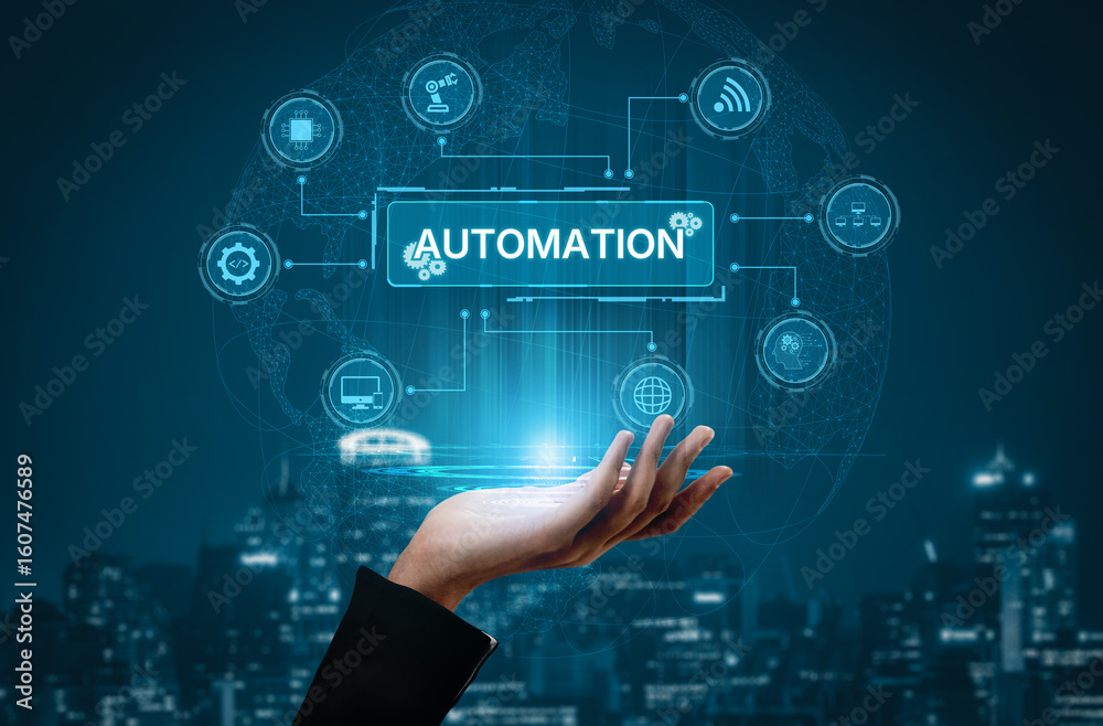 Poster modern automation drives workflow efficiency by connecting systems, people, and data. with intellige