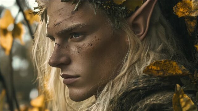 Fantastical elven character with wild, shaggy hair, a natural expression, and leaves in his hair. Set against a forest backdrop.