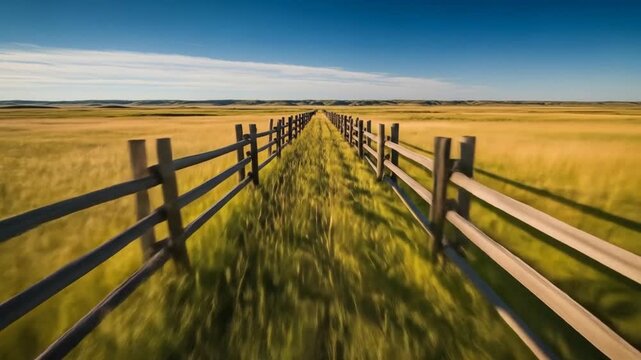 Fence Line Leading Through Grassy Field
