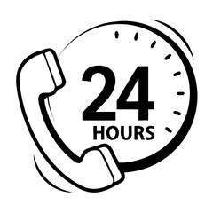 Phone icon indicating 24 hours support with clock graphic  