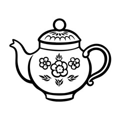 Decorative vintage teapot with floral pattern in black and white  