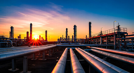 Steel Industrial Pipes Network at Dusk with Sunlight Reflection

