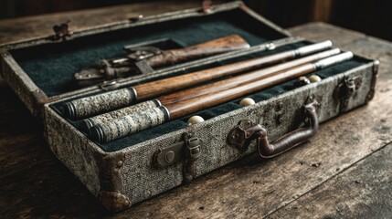 Vintage gun case with wooden rods, ivory grips