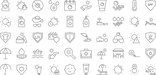 Sun & Protection icon set. Contains icons sunscreen, ultraviolet, sunglasses, SPF protection, umbrella, sunburn, sun hat and more. editable stroke. vector illustration