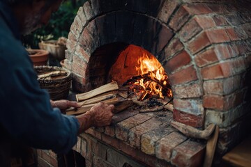 Man tending a brick oven fire.