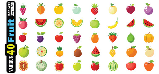 Assorted Colorful Fruit Icons Isolated on White Background collection apple