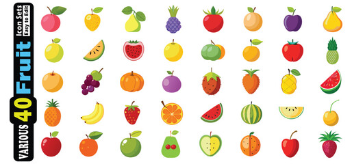 Assortment of colorful fruit icons including apples pears bananas and watermelon strawberry