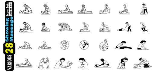 Collection of 28 black and white line art icons showing massage and therapy vector