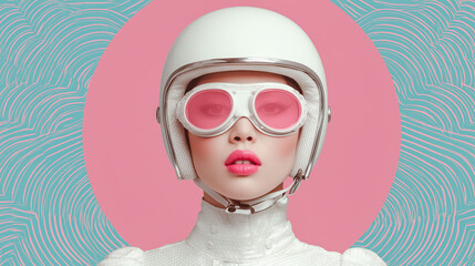 Stylish woman in pink ski goggles and helmet. Futuristic fashion portrait. 
